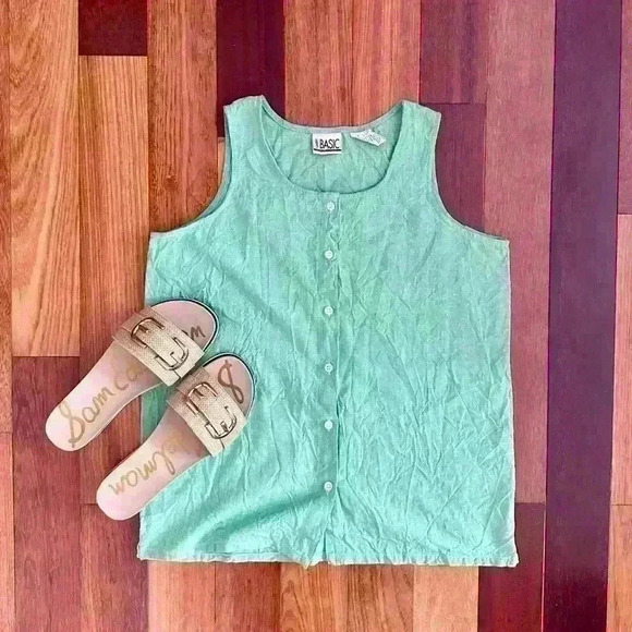 Simply Basic | Vintage 100% cotton green linen style button top vest size med - Picture 1 of 5